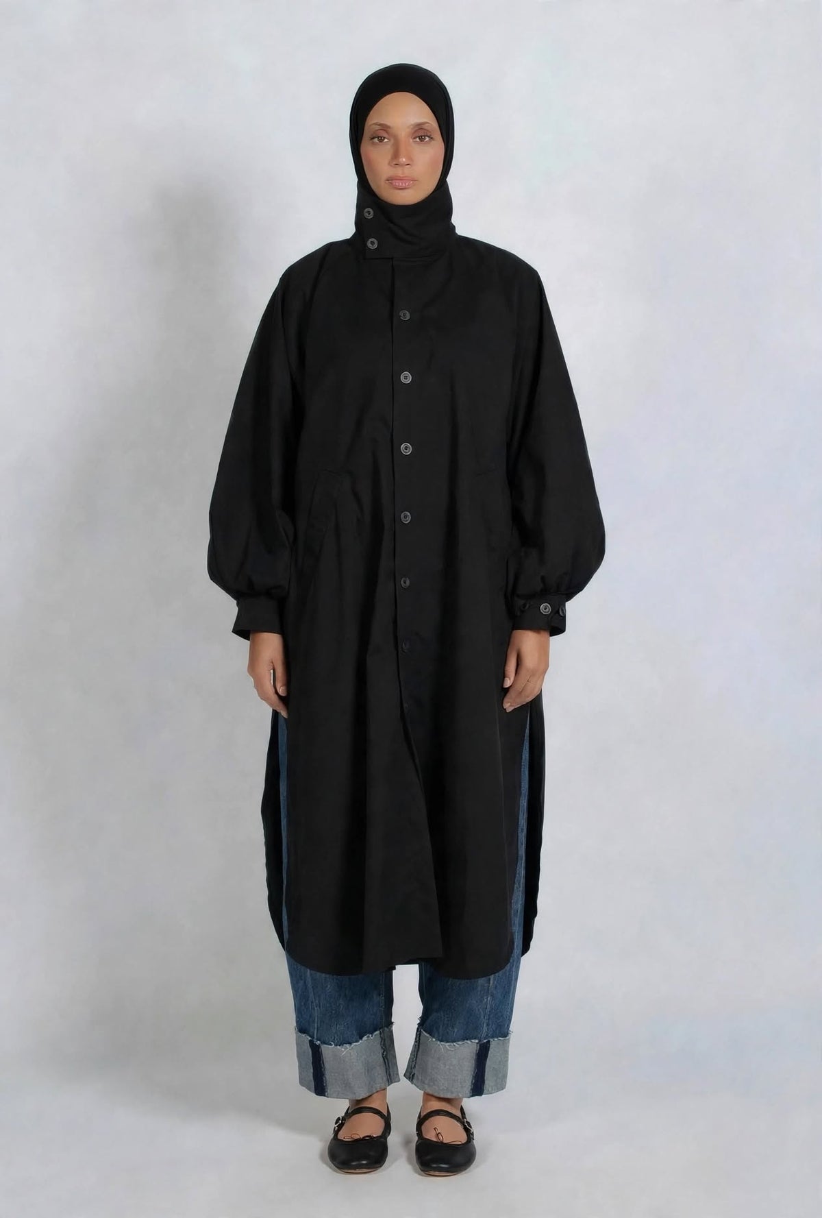 Balloon sleeve trench coat black