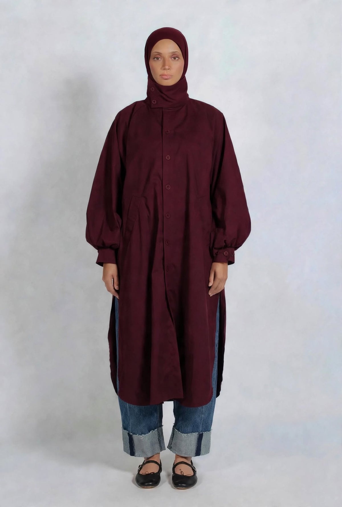 Balloon sleeve trench coat burgundy
